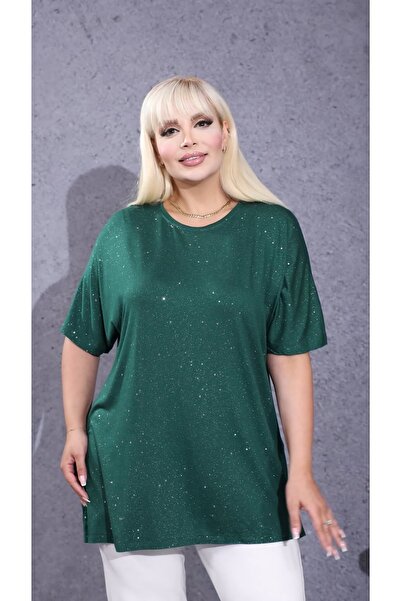Büyük Beden Kadın Simli Işıltılı Salaş T-Shirt