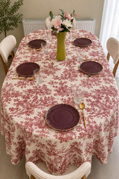 Çeyiz Diyarı Ocean Printed Rectangular Tablecloth 160X260 cm Claret Red