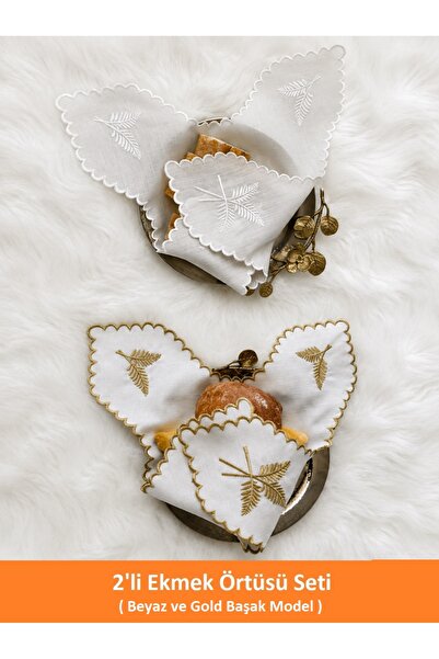 QBR Home Set of 2 White and Gold Başak Embroidered Bread Covers