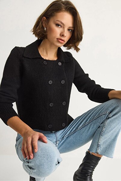 Lusin Cardigan de damă negru, cu nasturi și guler polo elegant, din tricot pr...