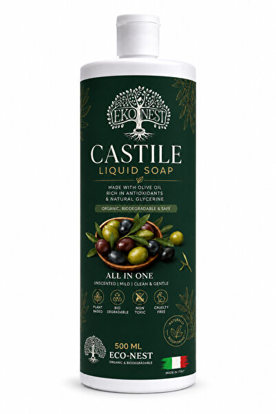 EKO-NEST Pure Castile Liquid Soap 1L – 100% Olive Oil Natural Soap – 18-in-1 Vegan Liquid Soap – Sulfate & Paraben Free – Face, Body, Hair, Pet