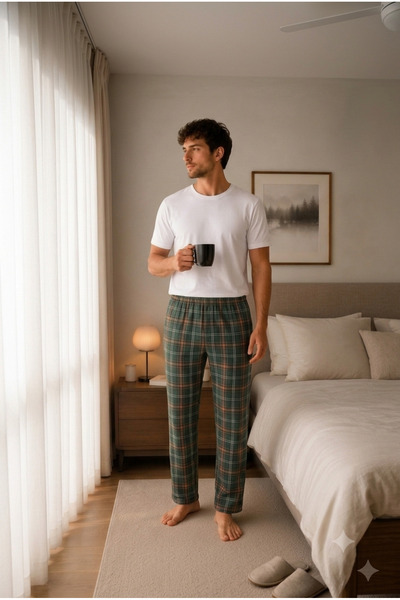 Arvin Pijama Ανδρικό καρό βαμβακερό παντελόνι πιτζάμας με ελαστική μέση χωρίς...