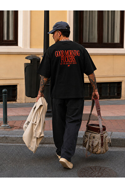 Good Morning Statement Unisex Crop Oversize T-Shirt – %100 Pamuk Premium Sırt Baskılı Siyah Tişört