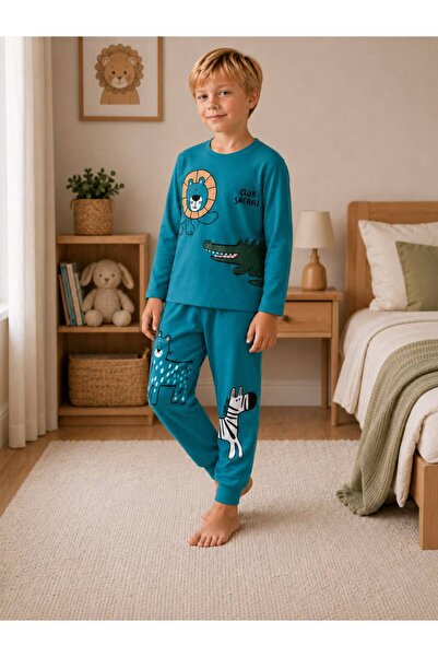 YİGİT BUTİK Boys' Safari Animal Print Long Sleeve Pajama Set