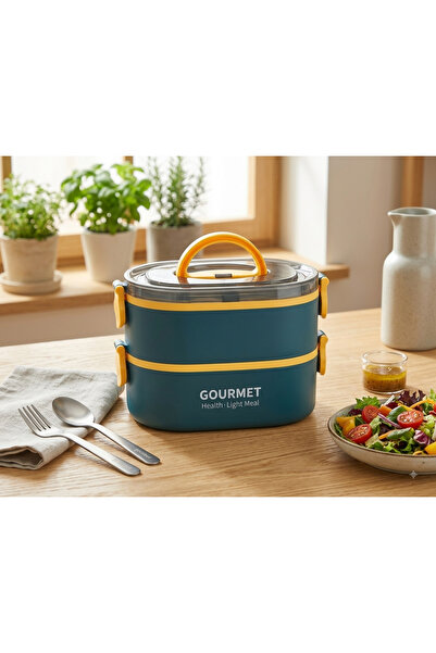Gourmet ıkılı termos ozellıklı iki katlı çatallı kaşıklı beslenme ve saklama kabı seti