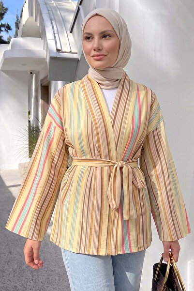 Salih Çelebi Striped Kimono Y0167 - Yellow