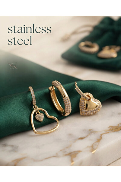 stainless steell طقم أقراط من حجر الزركون النحاسي على شكل قلب باللون الذهبي م...