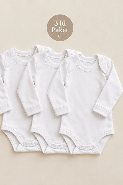 3'lü Unisex Bebek Beyaz Pamuklu Zıbın – Eldivenli & Eldivensiz Kullanım 0-3 Ay