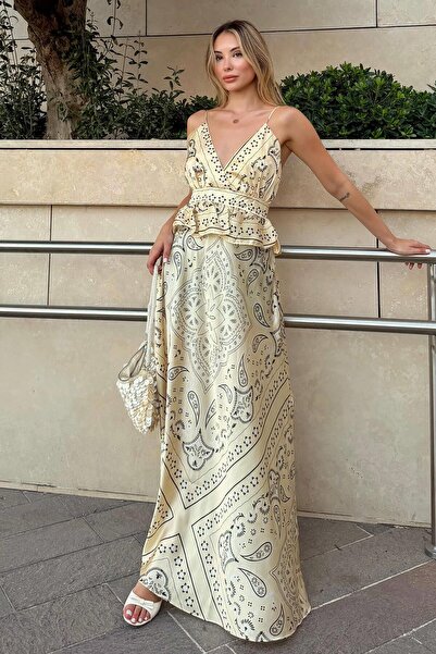 Swist Yellow Thin Straps Back Tie Shawl Pattern Women's Satin Midi Dress