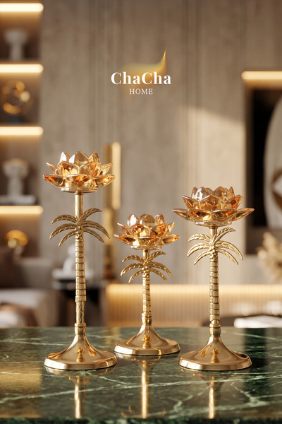 ChaCha Home Palm Oasis 3'lü Kristal Cam Başlıklı Palmiye Form Şamdan - Mumluk...