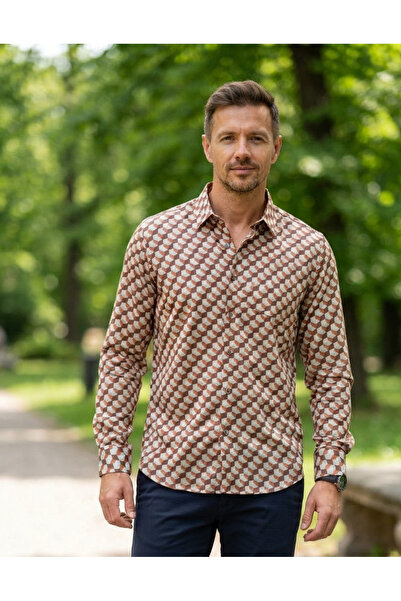 Chordi Long Sleeve Cube Patterned Cotton Tencel Fabric Full Lycra Shirt