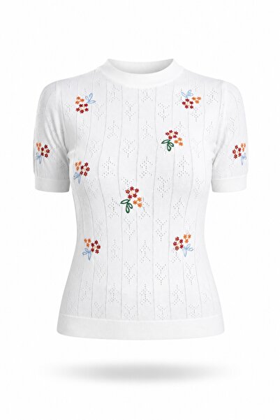 5in1Canpolat Ecru Floral Embroidered Mercerized Knitwear 140641