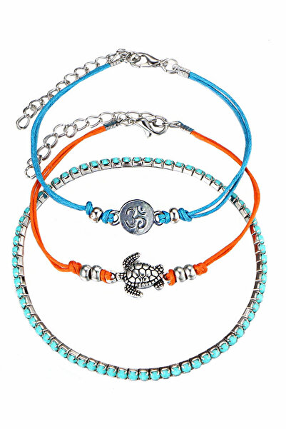 VeeShop Set trei bratari etnice, cu OM, testoasa si snur elastic turcoaz
