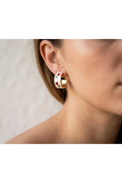 Prizma Concept Women's Gold Color Cream Enamel Red Rose Pattern Hoop Earrings...