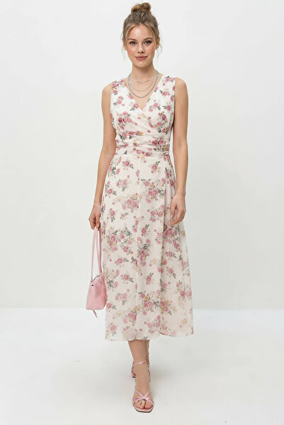Efnaz style Women's V-Neck Floral Patterned Lined Chiffon Midi Pink Dress