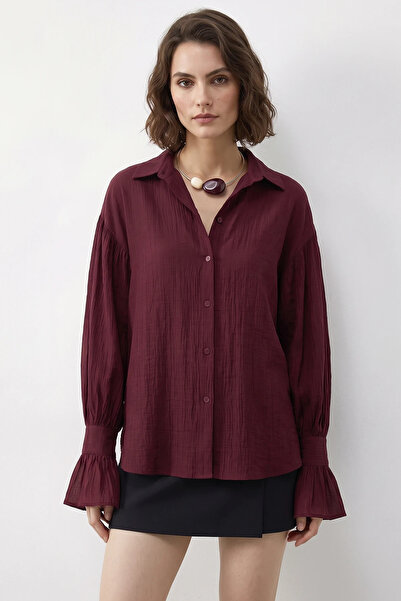 Efnaz style Women's Oversized Burgundy Shirt with Ruffle Cuff Detail