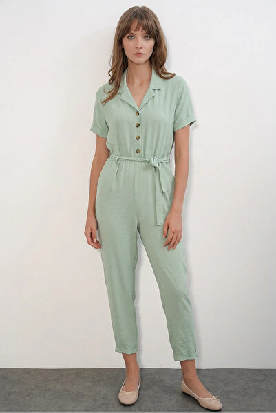 Efnaz style Women's Shirt Collar Belted Waist Short Sleeve Belted Green Jumpsuit