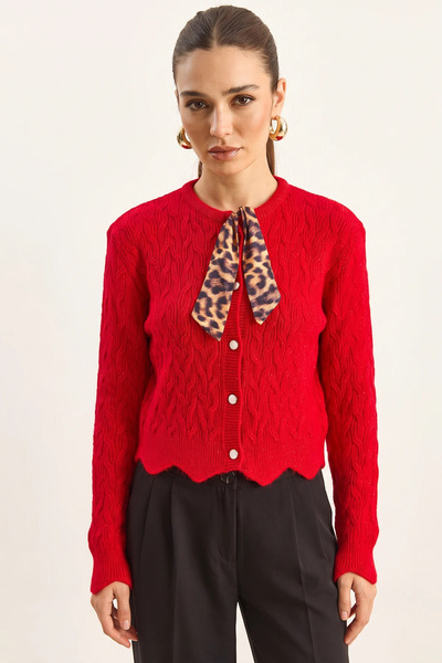 Generic Brand Women's Red Cardigan with Braided Hair Scarf Detail and Buttons