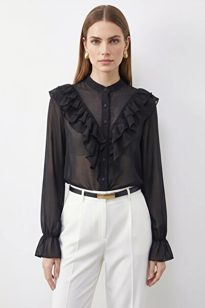 Efnaz style Women's Volan Detailed Transparent Chiffon Black Shirt