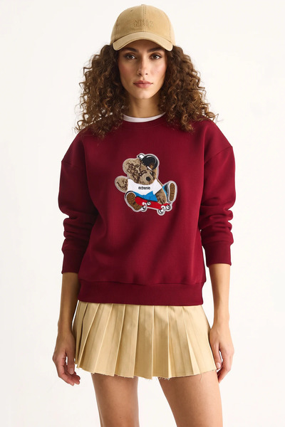 Efnaz style Women's Teddy Embroidered Crew Neck Casual Burgundy Sweatshirt