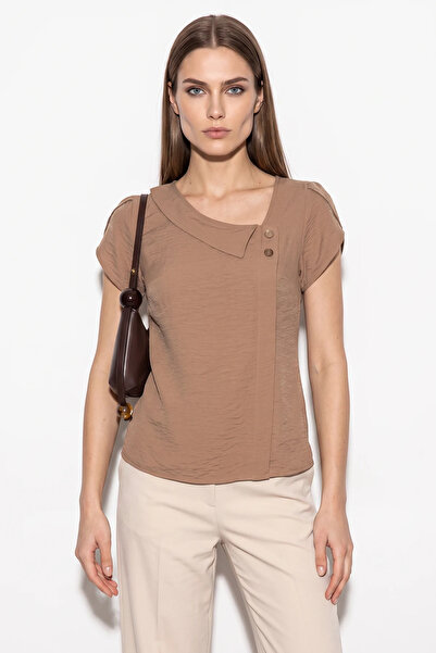 Generic Brand Women's Button Detailed Short Sleeve Comfortable Fit Tan Blouse