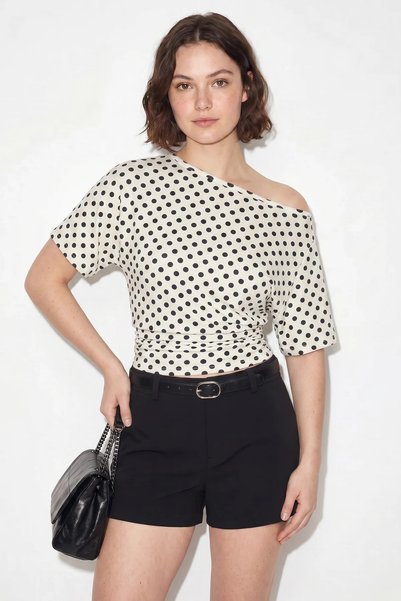 Generic Brand Bluză de damă cu model cu buline, croială asimetrică, cu mâneci liliac, alb-negru