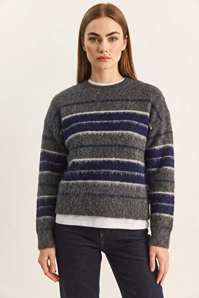 Efnaz style Women's Crew Neck Striped Anthracite Navy Blue Sweater