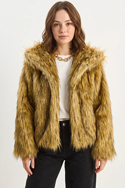 Efnaz style Women's Wide Collar Lined Short Faux Fur Camel Black Jacket
