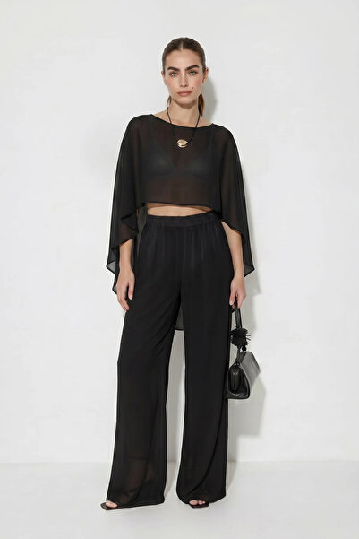 Generic Brand Women's Chiffon Cape Blouse with Elastic Waist Loose Black Pant...