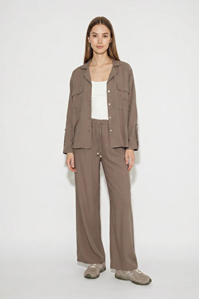 Efnaz style Women's Shirt Collar Balloon Blouse Wide Leg Mink Suit