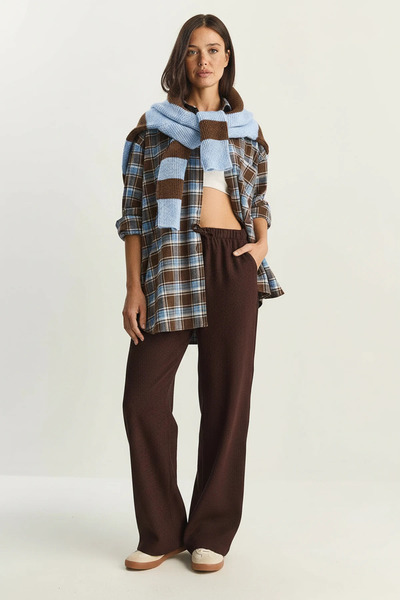 Efnaz style Women's Wide Leg Crinkle Knitted Brown Trousers