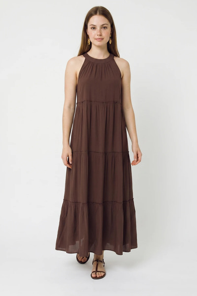 Generic Brand Women's Halter Neck Layered Detailed Modal Maxi Bitter Brown Dress