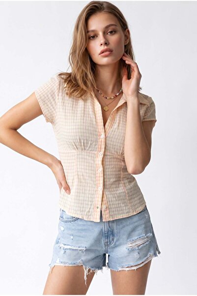 Mixray 2221 Women's Gingham Patterned Tie-Up Short Sleeve Shirt Blouse Pink