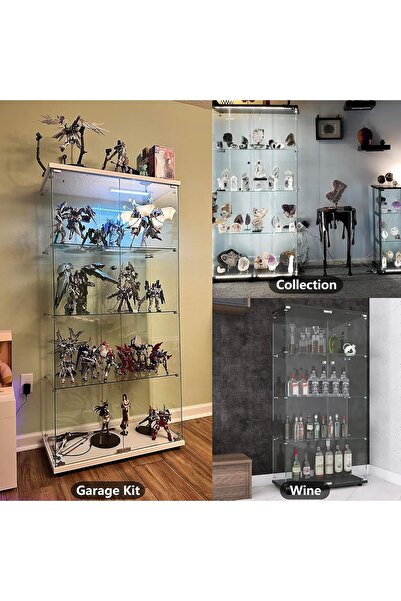 MODERN 64.5'' Glass Display 4-Shelf Cabinet in Clear with Two Door, White Curio Cabinet Case Collection Display Case, Floor Standing Bookshelf for Living Room Bedroom Home Office (White)
