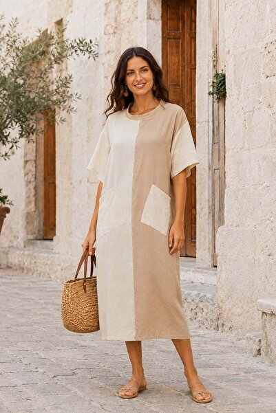 Mossta Double Color Pocket Pera Midi Dress - Beige