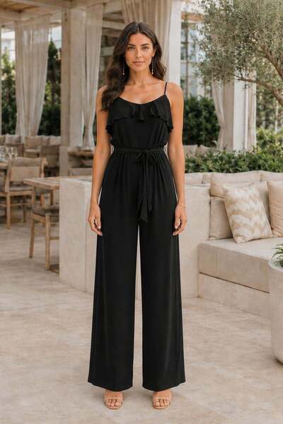 Mossta Rope Strap V Ruffle Collar Belted Long Sandy Jumpsuit - Black