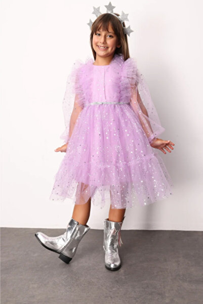NOBLEKIDS Le Mabelle Girls' Shoulder Ruffle Star Printed Tulle Dress Lilac