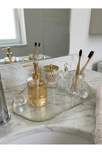 Mirsa Global Decorative Glass Presentation Tray with Chain Decoration Crystal...