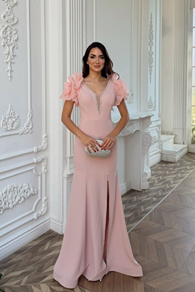 Sindimoda Kolları Tül Derin V Yaka Taş İşleme Abiye 0200