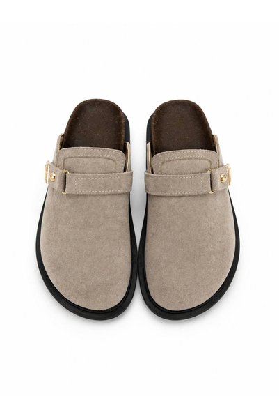 diclepolat Women's Beige Suede Buckle Sabo Mule Slippers Daily Comfortable Thick Niu Toka Sole Home and Outdoor Slippers Arite