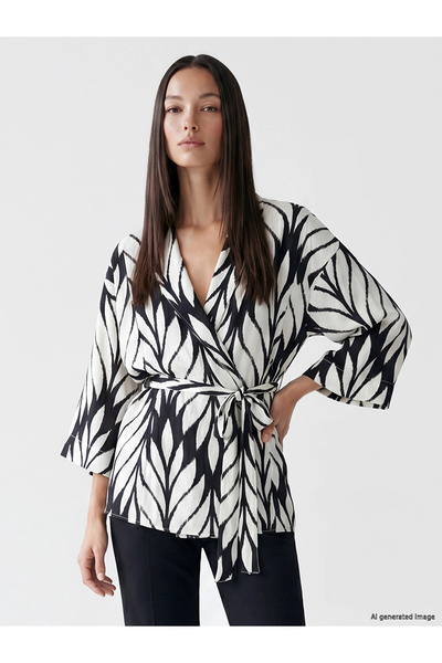 LC Waikiki Lcw Everyday Black Shawl Collar Patterned Women's Kimono