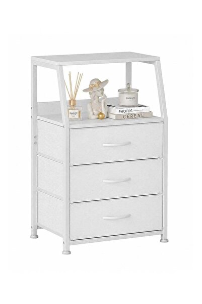Generic Deal Forthcan White Nightstand with 3 Fabric Drawers & 2-Tier Shelf, ...