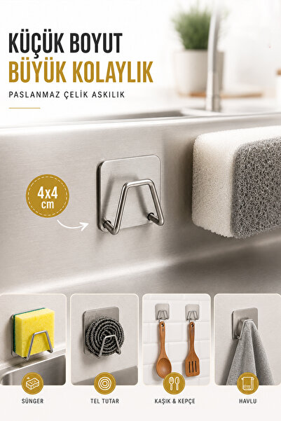MUJGAN Tekli Paslanmaz Çelik Bulaşık Süngeri Tutucu Yapışkanlı Askılık