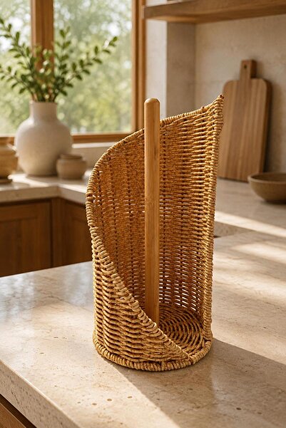 İLİVA Decorative Rattan Paper Towel Holder Stand Kitchen Paper Towel Holder w...