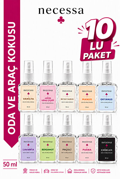 NECESSA ON ADET ( ON ADET ) ODA ARAÇ ARABA SPREYİ 50ML X 10 ADET ARABA KOKUSU