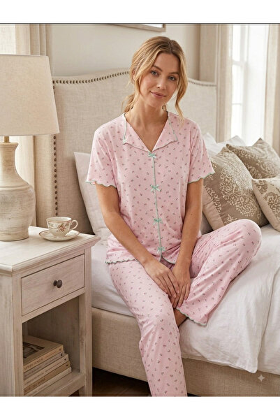 Arvin Pijama Women's Colorful Printed Milan Bow Short Sleeve Pajama Set