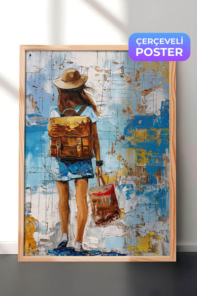 Zestia Wood Framed Oil Painting Art Wall Picture, Backpack Traveller Woman Fi...