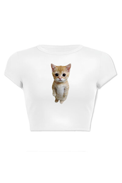 designedfy Women's Cat Printed Cotton Lycra Crop White