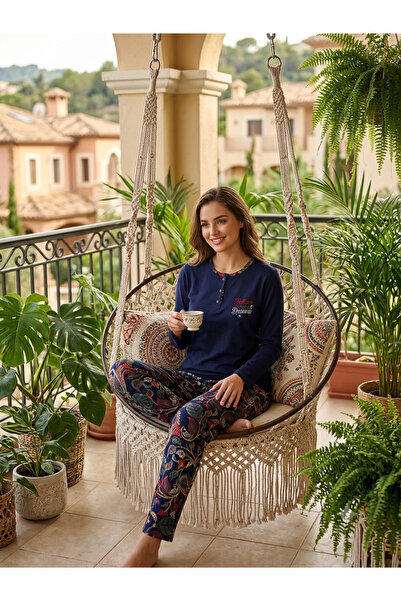 KAPİTEX Long Sleeve Buttoned Collar Shawl Pattern Navy Blue Color Pajama Set