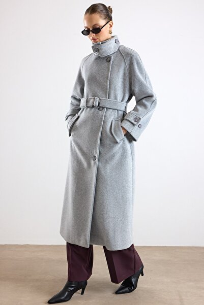 Olcay High Collar Button Detail Oversize Coat Light Gray 3177